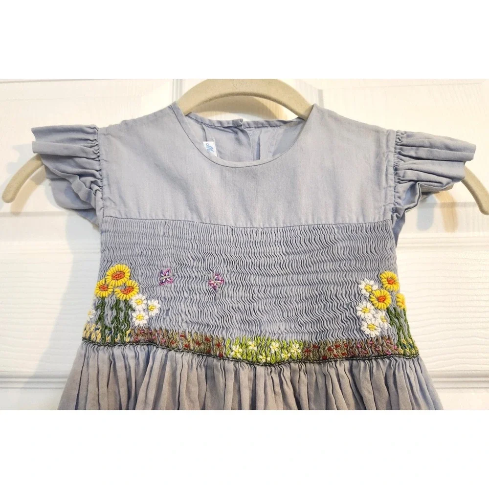 Mela Wilson Hand Smocked Daisies Butterflies French Blue Tie Back Dress Size 6